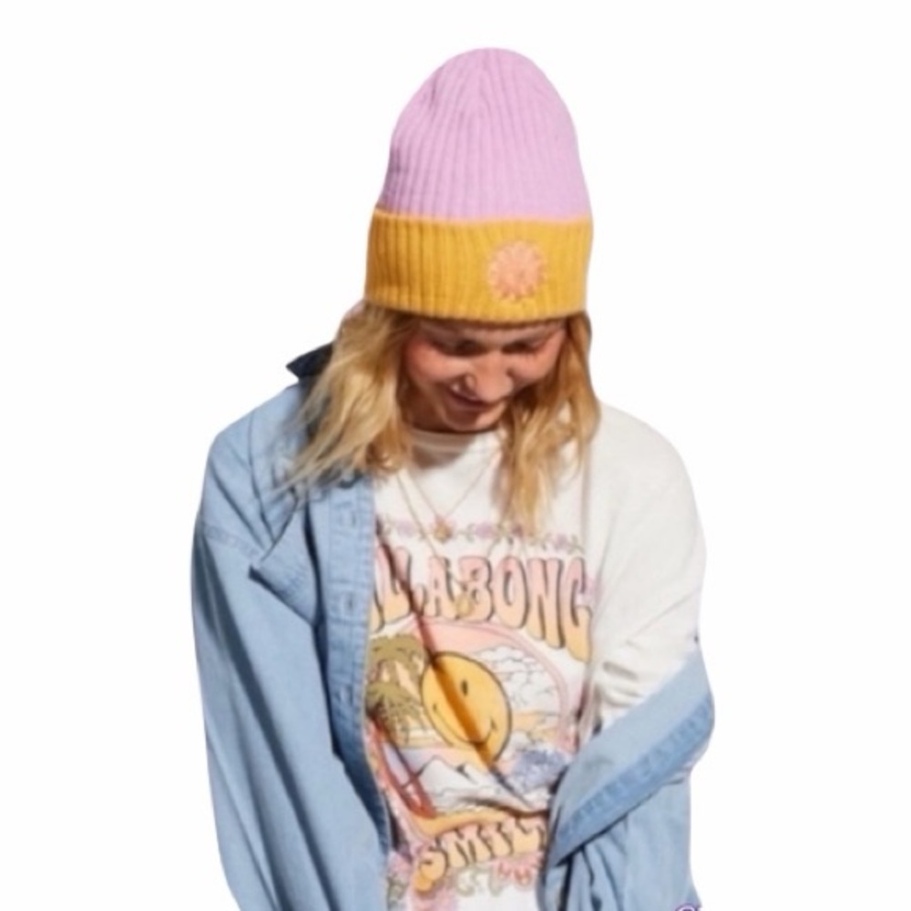 Billabong Brighter Days Wide Cuff Knit Beanie (Pink & Yellow) NWT